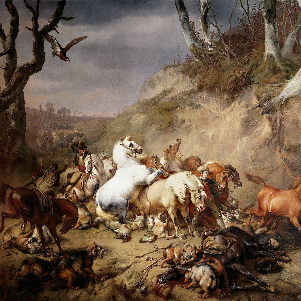 Animals Oil Painting - Hand - Painted Horses and Wolves Scene - Oil Painting Haven