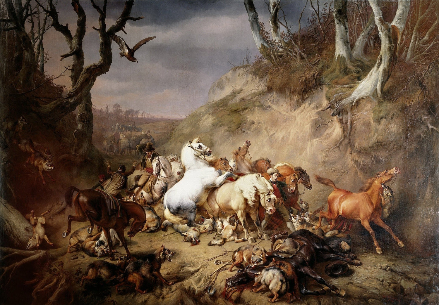 Animals Oil Painting - Hand - Painted Horses and Wolves Scene - Oil Painting Haven