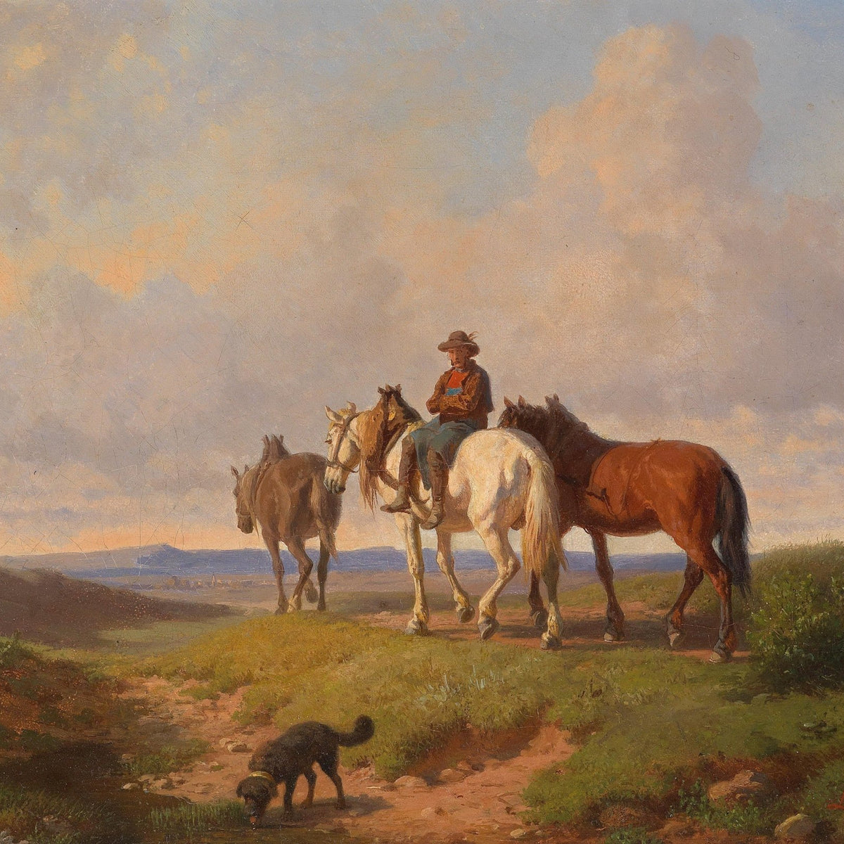 Animals Oil Painting - Hand - Painted Horses with Rider at Sunset - Oil Painting Haven
