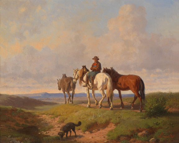 Animals Oil Painting - Hand - Painted Horses with Rider at Sunset - Oil Painting Haven