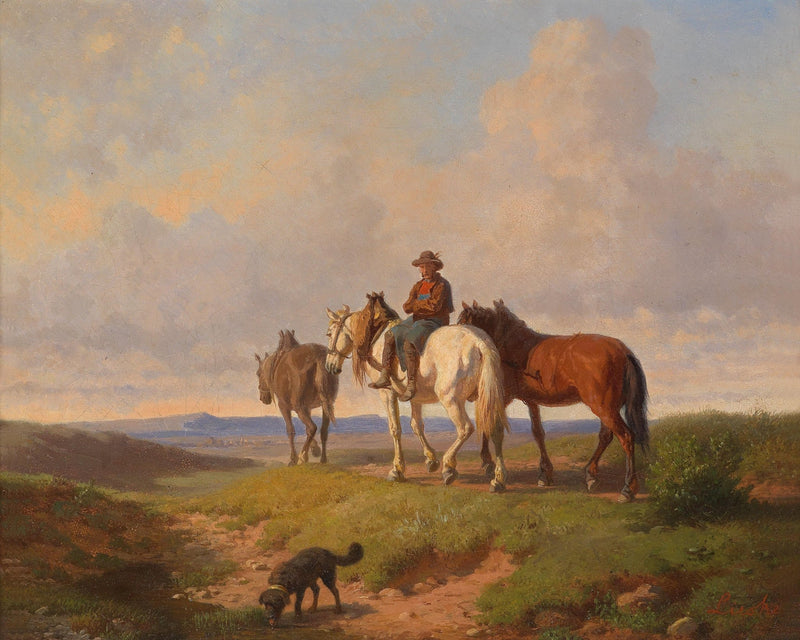 Animals Oil Painting - Hand - Painted Horses with Rider at Sunset - Oil Painting Haven