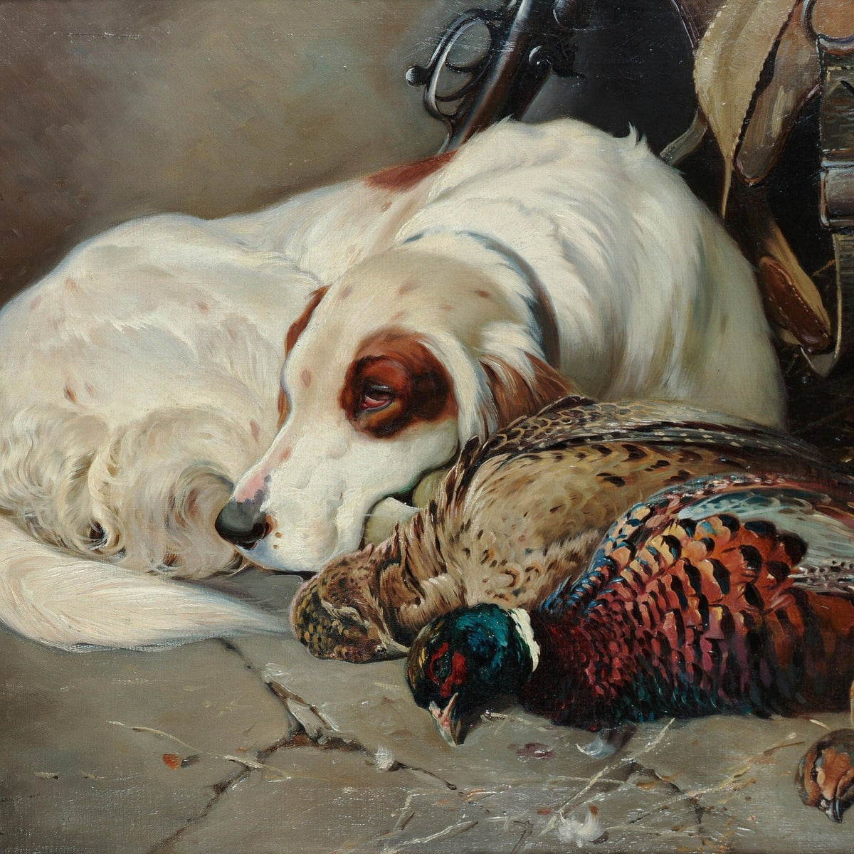 Animals Oil Painting - Hand - Painted Hunting Dog and Pheasants - Oil Painting Haven