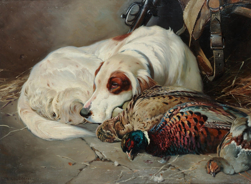 Animals Oil Painting - Hand - Painted Hunting Dog and Pheasants - Oil Painting Haven