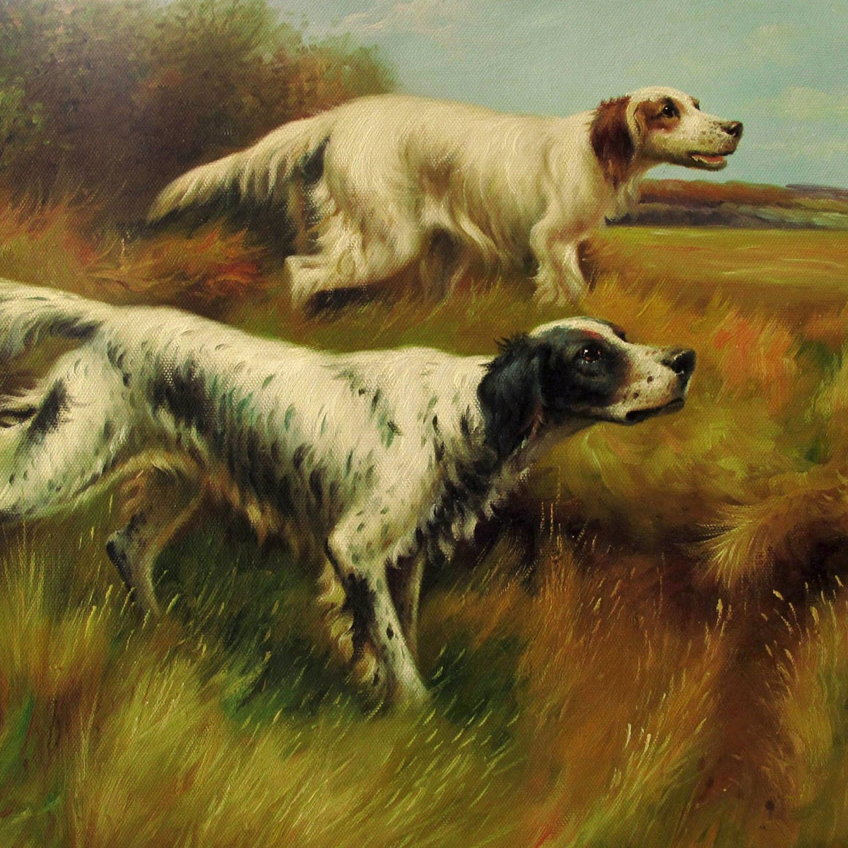 Animals Oil Painting - Hand - Painted Hunting Dog Pair Field - Oil Painting Haven