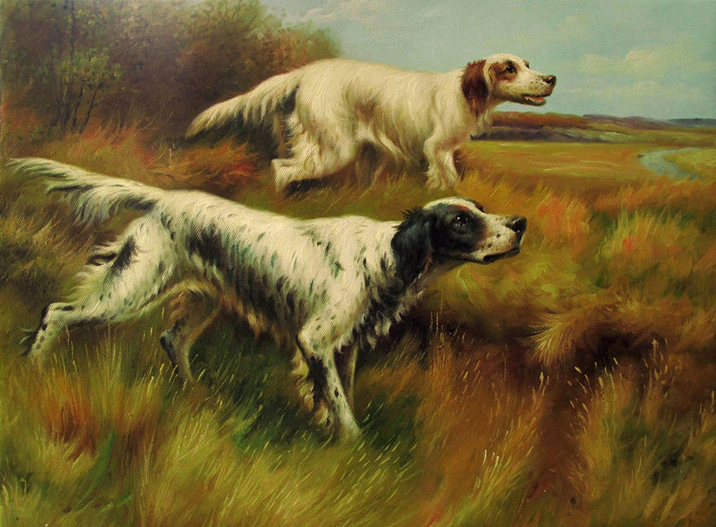 Animals Oil Painting - Hand - Painted Hunting Dog Pair Field - Oil Painting Haven