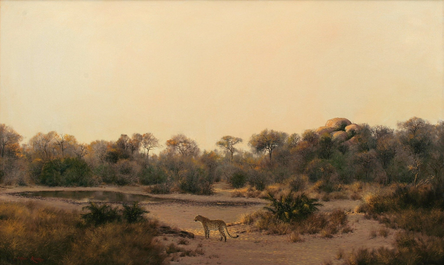 Animals Oil Painting - Hand - Painted Leopard in Open Landscape - Oil Painting Haven
