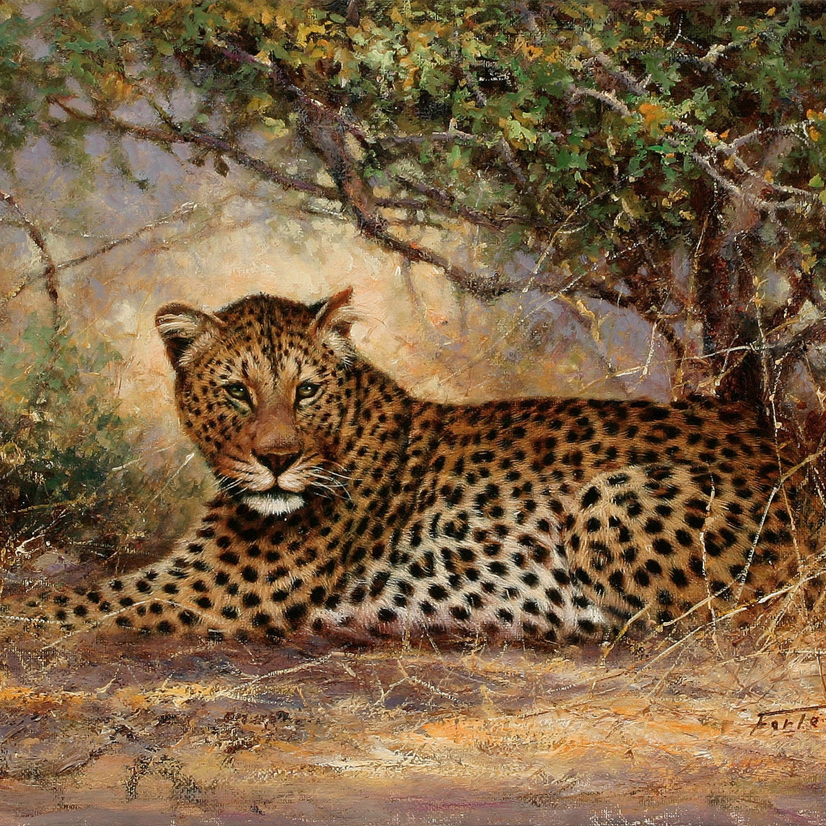 Animals Oil Painting - Hand - Painted Leopard Resting in Shade - Oil Painting Haven