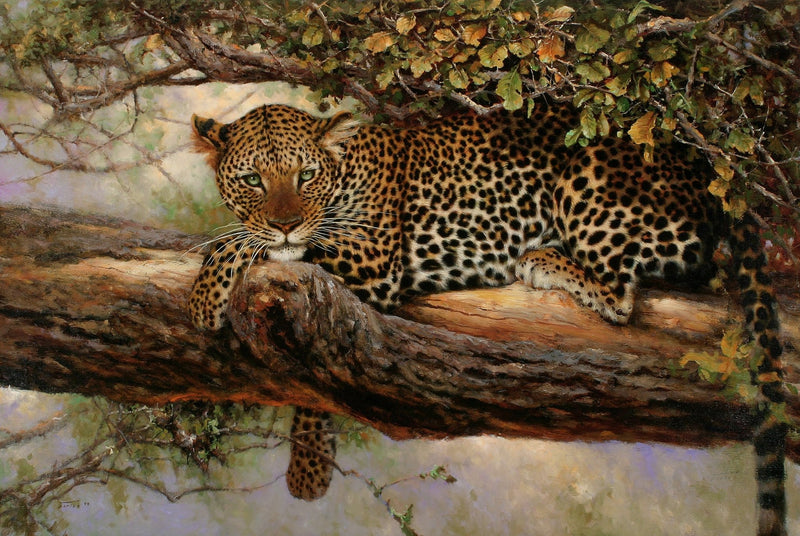 Animals Oil Painting - Hand - Painted Leopard Resting on Tree - Oil Painting Haven