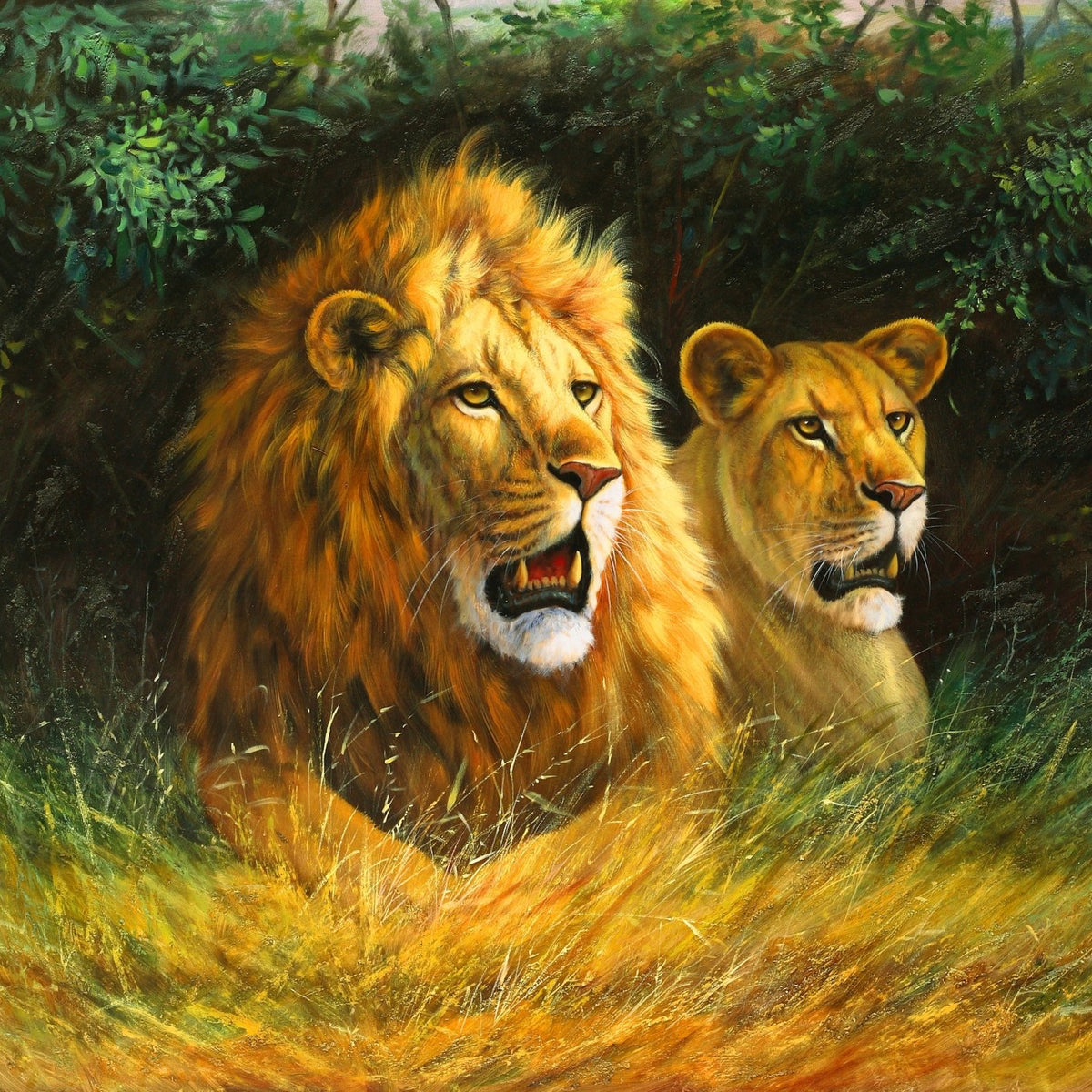 Animals Oil Painting - Hand - Painted Lion Pair in Grass - Oil Painting Haven