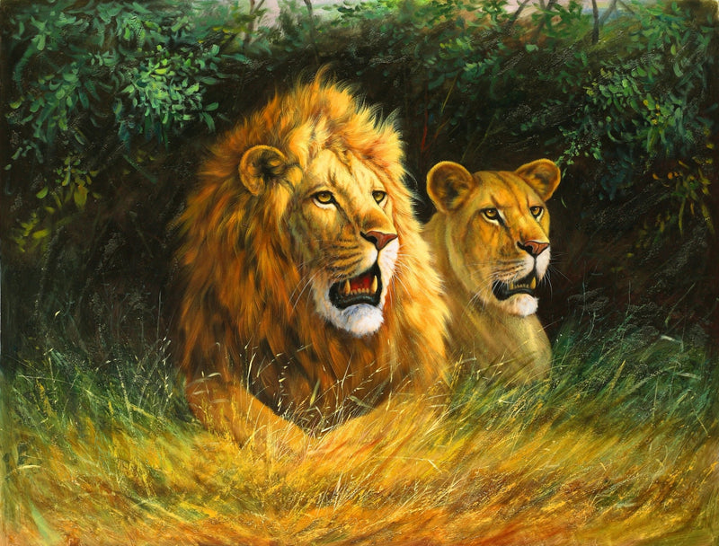 Animals Oil Painting - Hand - Painted Lion Pair in Grass - Oil Painting Haven