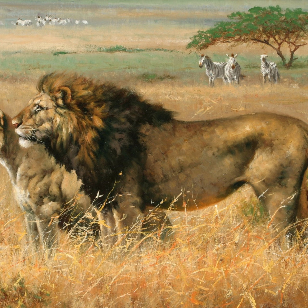 Animals Oil Painting - Hand - Painted Lion Pair in Savannah - Oil Painting Haven