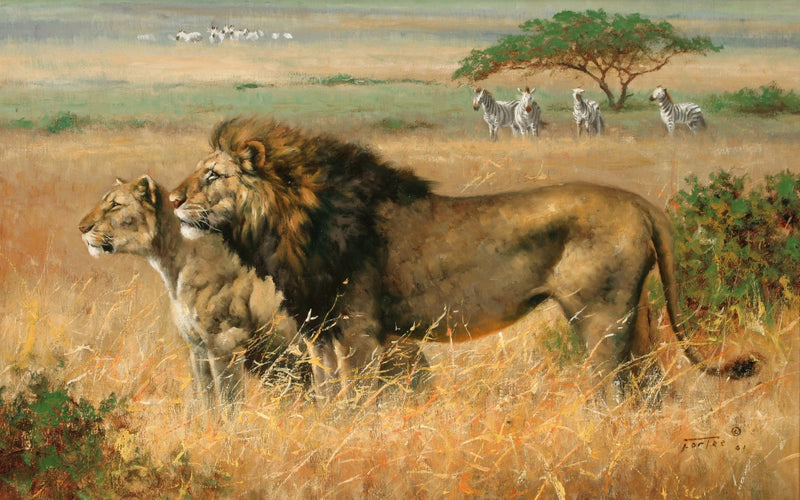 Animals Oil Painting - Hand - Painted Lion Pair in Savannah - Oil Painting Haven