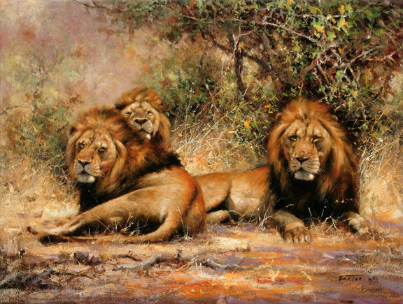 Animals Oil Painting - Hand - Painted Lions Resting in Grass - Oil Painting Haven