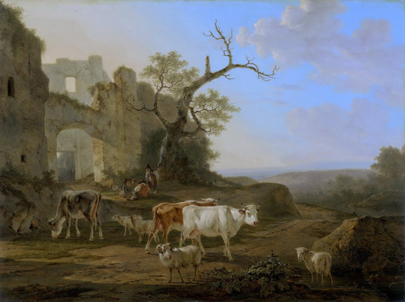 Animals Oil Painting - Hand - Painted Livestock by Ruins - Oil Painting Haven