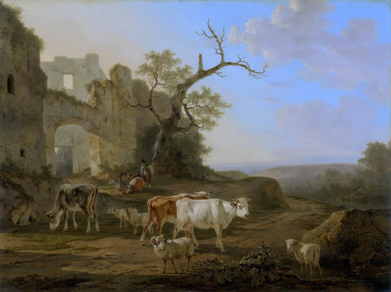 Animals Oil Painting - Hand - Painted Livestock by Ruins - Oil Painting Haven