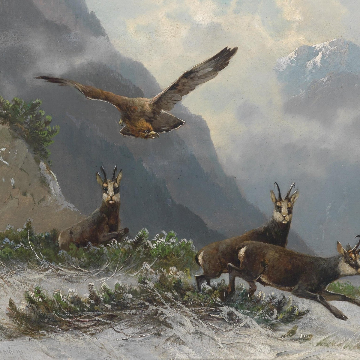 animals Oil Painting - Hand - Painted Mountain Goats and Eagle - Oil Painting Haven