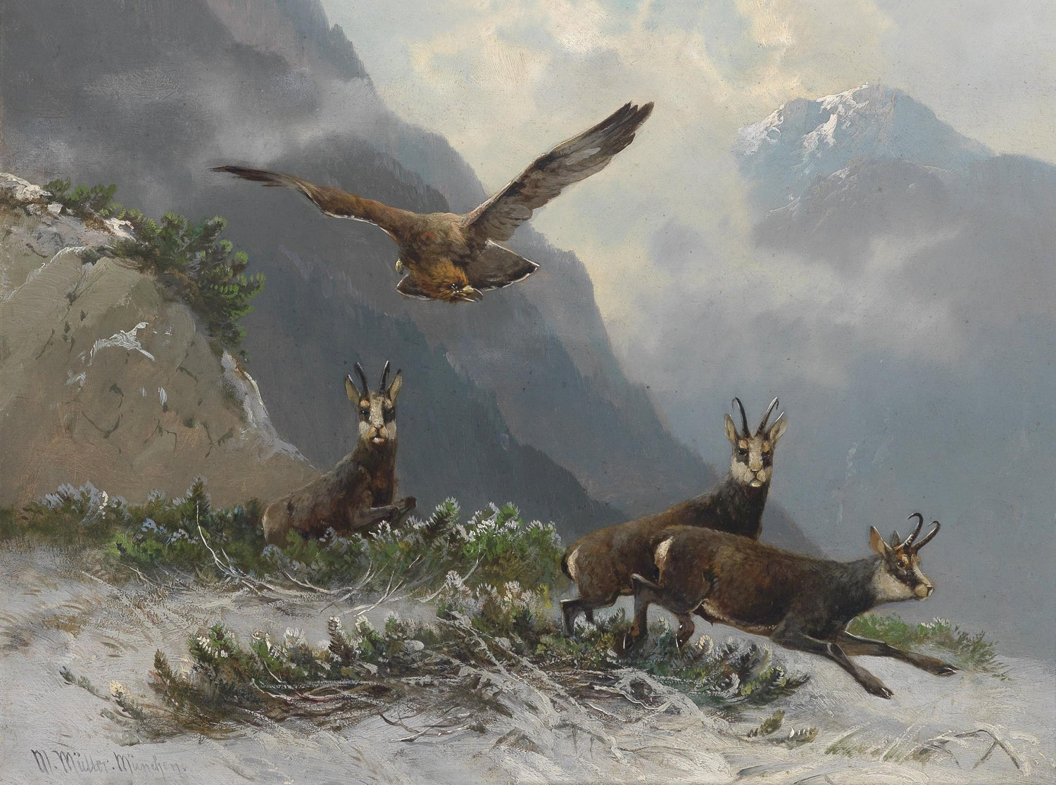 animals Oil Painting - Hand - Painted Mountain Goats and Eagle - Oil Painting Haven