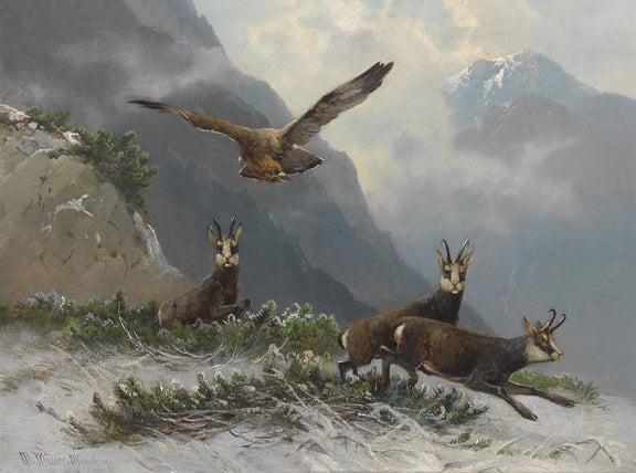animals Oil Painting - Hand - Painted Mountain Goats and Eagle - Oil Painting Haven