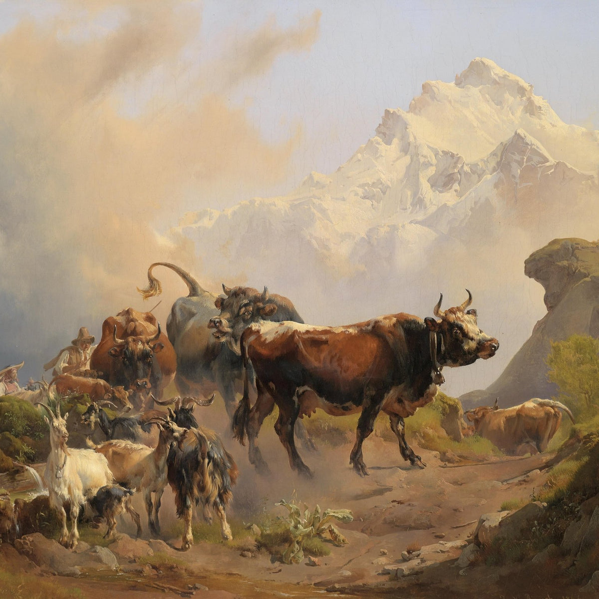 animals Oil Painting - Hand - Painted Mountain Herd Scene - Oil Painting Haven