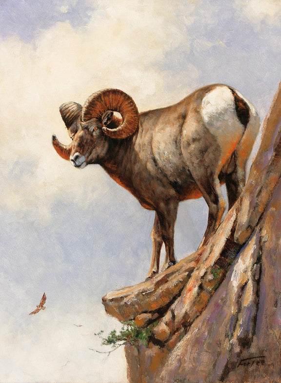 Animals Oil Painting - Hand - Painted Mountain Ram on Cliff - Oil Painting Haven