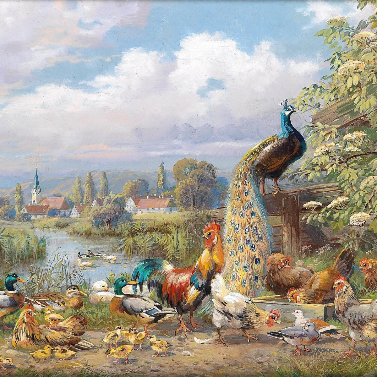 animals Oil Painting - Hand - Painted Peacock and Farm Birds - Oil Painting Haven