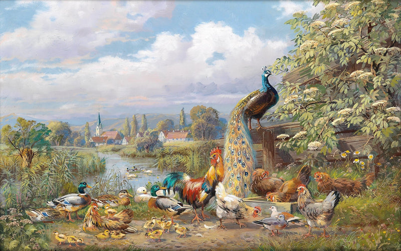 animals Oil Painting - Hand - Painted Peacock and Farm Birds - Oil Painting Haven