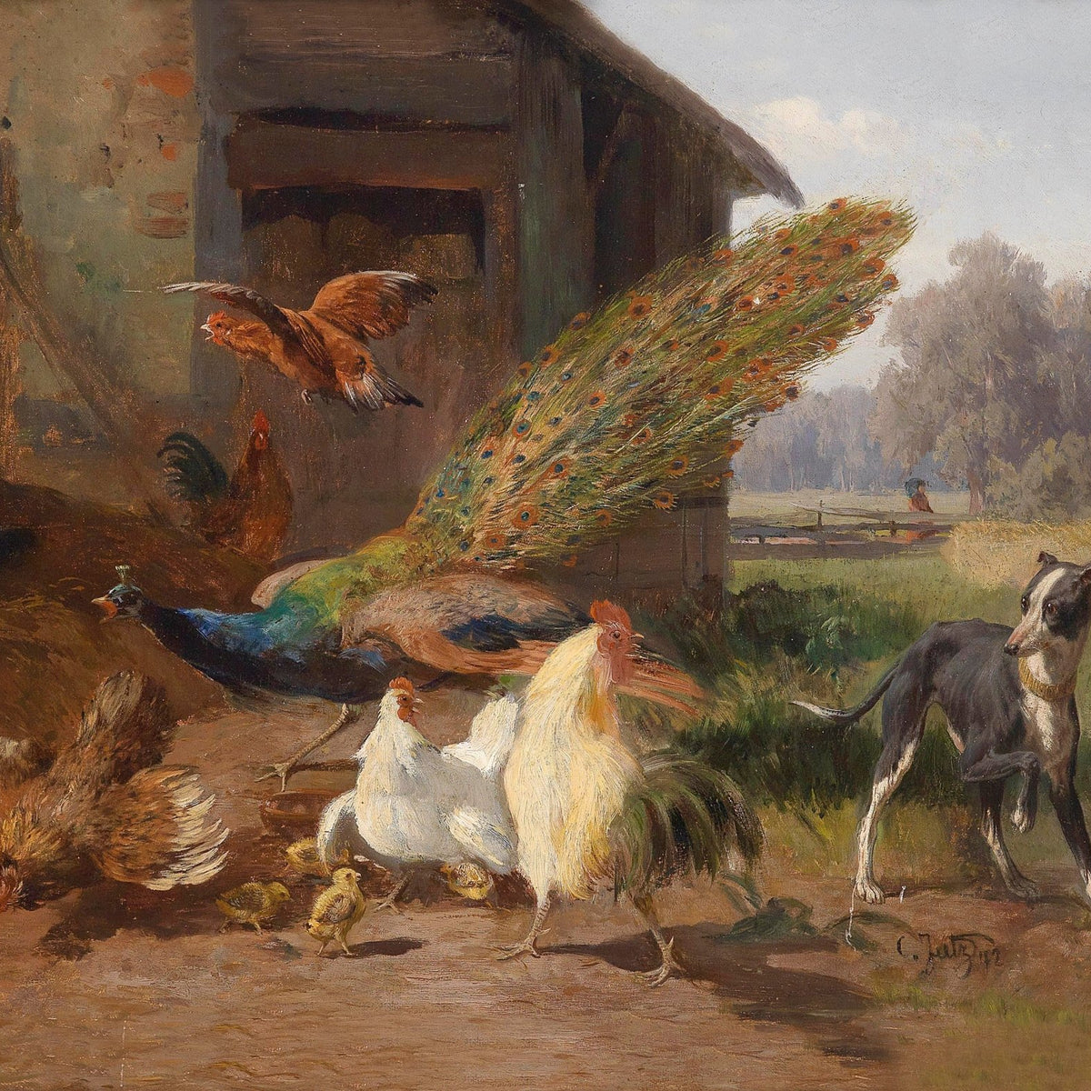 animals Oil Painting - Hand - Painted Peacock and Farmyard Scene - Oil Painting Haven