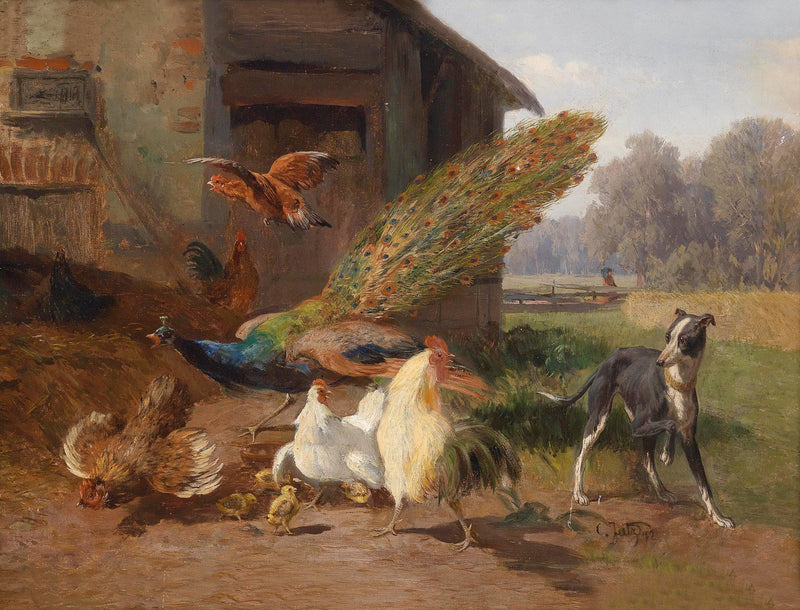 animals Oil Painting - Hand - Painted Peacock and Farmyard Scene - Oil Painting Haven