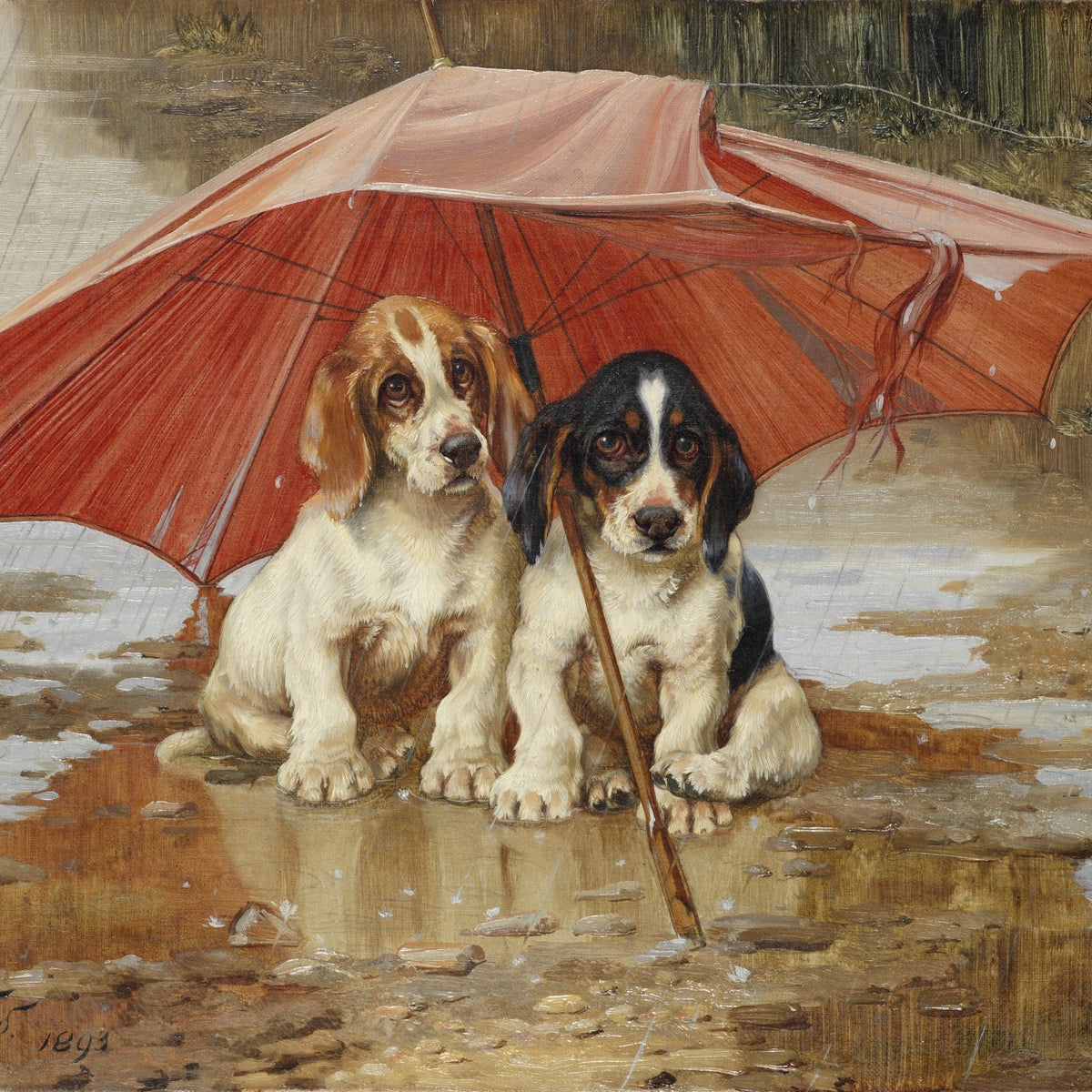 Animals Oil Painting - Hand - Painted Puppies Under Umbrella - Oil Painting Haven