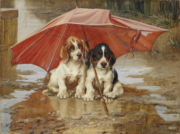 Animals Oil Painting - Hand - Painted Puppies Under Umbrella - Oil Painting Haven
