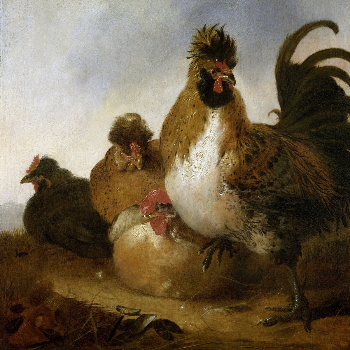 animals Oil Painting - Hand - Painted Rooster and Hens Artwork - Oil Painting Haven