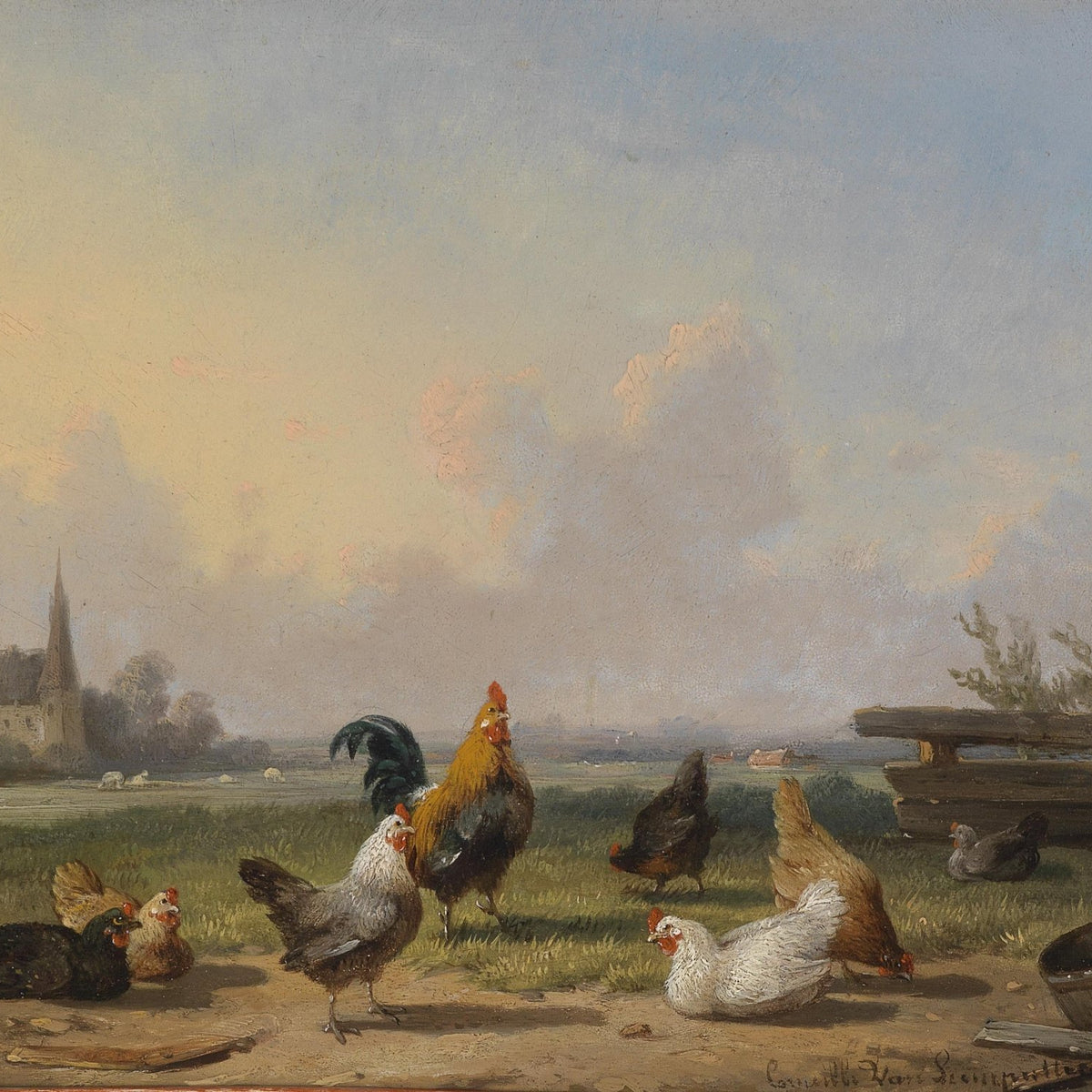 animals Oil Painting - Hand - Painted Rooster and Hens Scene - Oil Painting Haven