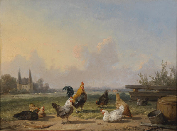 animals Oil Painting - Hand - Painted Rooster and Hens Scene - Oil Painting Haven