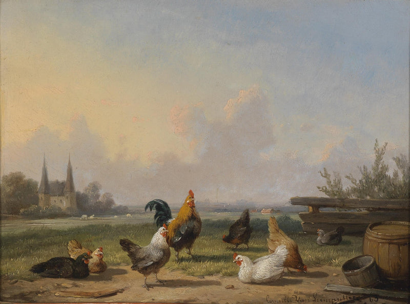 animals Oil Painting - Hand - Painted Rooster and Hens Scene - Oil Painting Haven