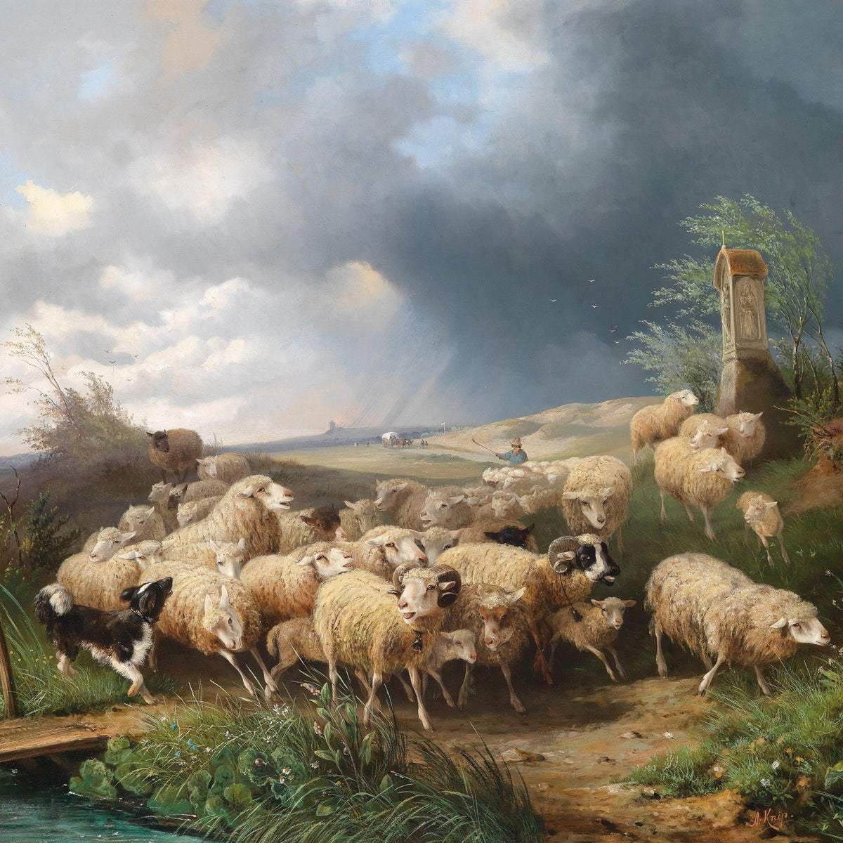 Animals Oil Painting - Hand - Painted Sheep Flock Landscape - Oil Painting Haven