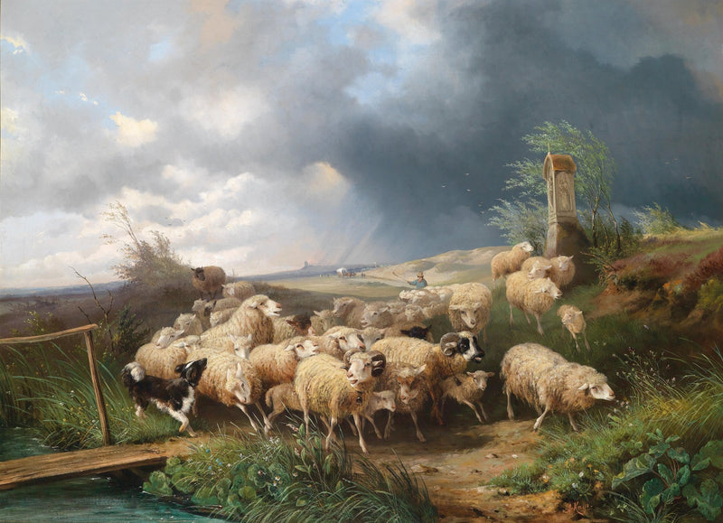 Animals Oil Painting - Hand - Painted Sheep Flock Landscape - Oil Painting Haven