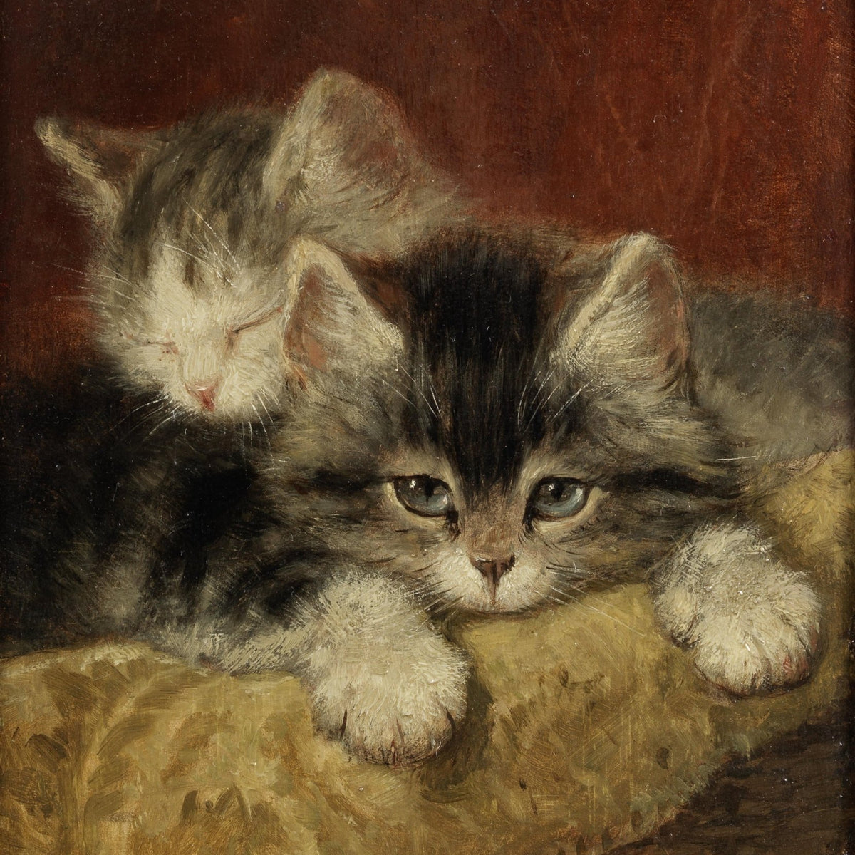 Animals Oil Painting - Hand - Painted Sleeping Kittens Portrait - Oil Painting Haven