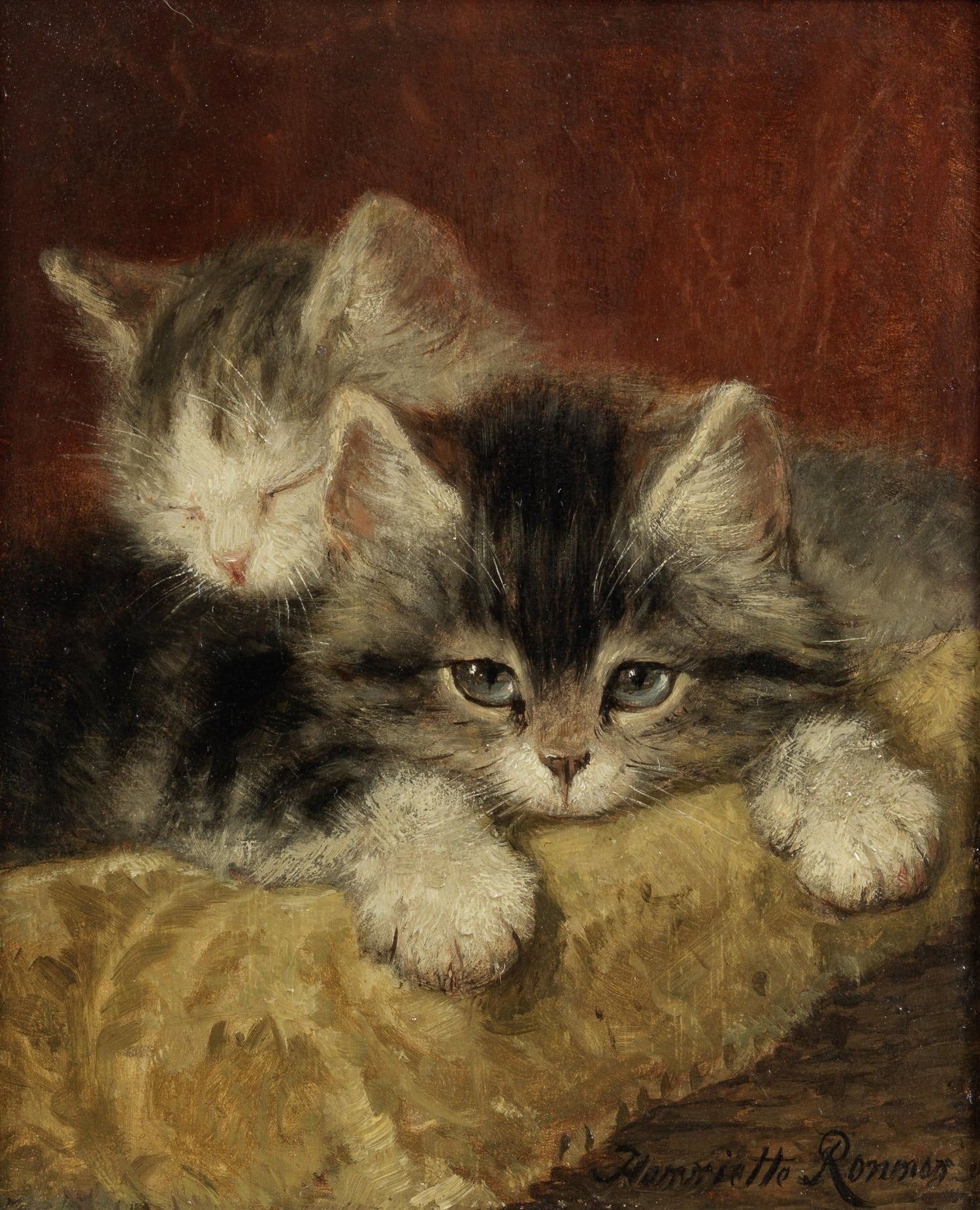 Animals Oil Painting - Hand - Painted Sleeping Kittens Portrait - Oil Painting Haven