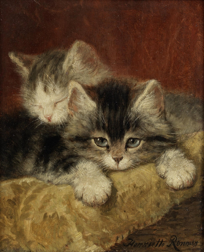 Animals Oil Painting - Hand - Painted Sleeping Kittens Portrait - Oil Painting Haven
