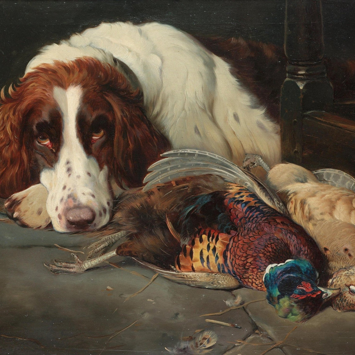 Animals Oil Painting - Hand - Painted Spaniel and Pheasants - Oil Painting Haven