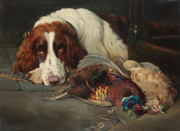 Animals Oil Painting - Hand - Painted Spaniel and Pheasants - Oil Painting Haven