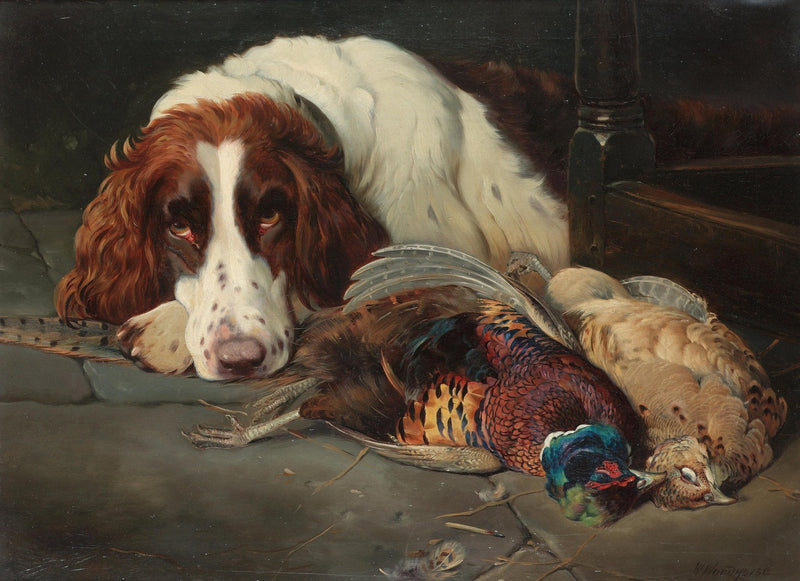 Animals Oil Painting - Hand - Painted Spaniel and Pheasants - Oil Painting Haven