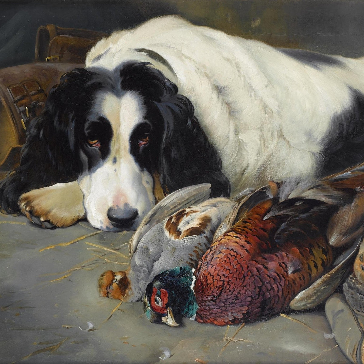 Animals Oil Painting - Hand - Painted Spaniel with Game Birds - Oil Painting Haven