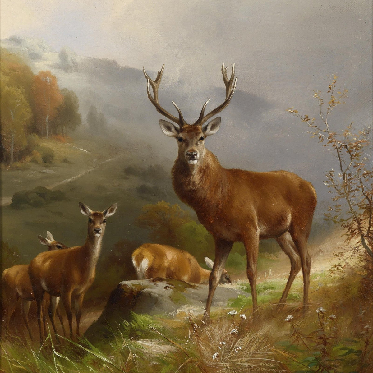 animals Oil Painting - Hand - Painted Stag and Deer Scene - Oil Painting Haven
