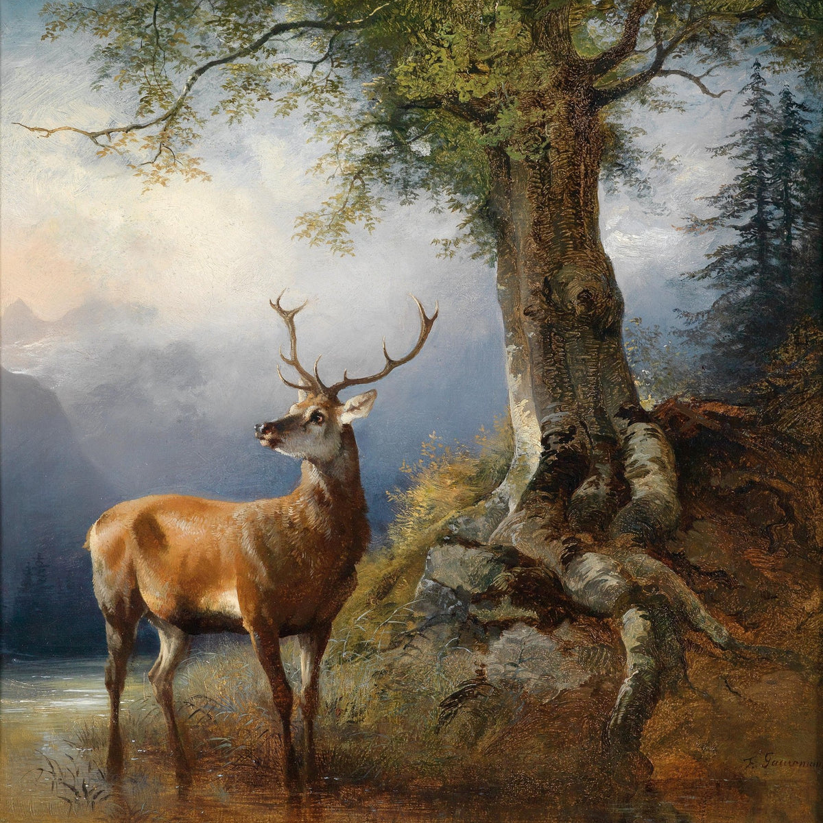Animals Oil Painting - Hand - Painted Stag by Forest Lake - Oil Painting Haven