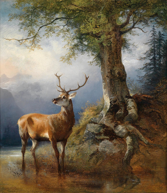 Animals Oil Painting - Hand - Painted Stag by Forest Lake - Oil Painting Haven