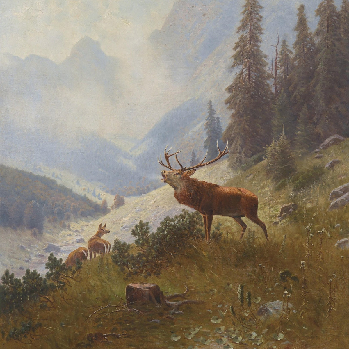 animals Oil Painting - Hand - Painted Stag in Mountain Valley - Oil Painting Haven