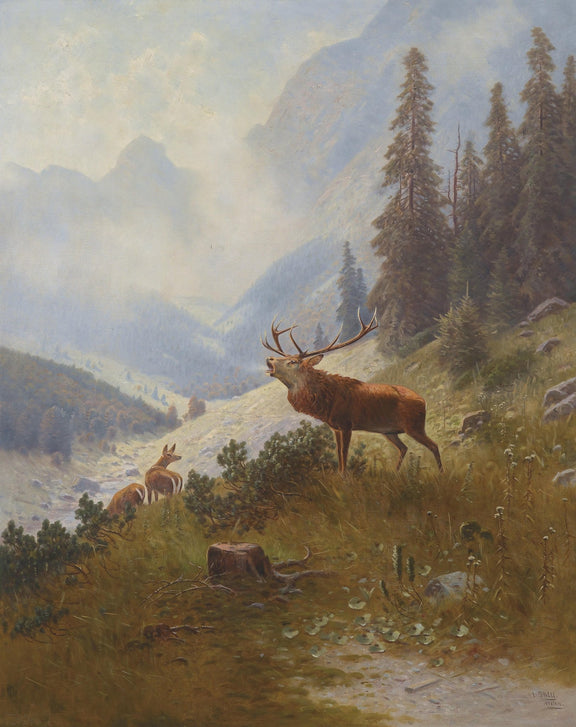 animals Oil Painting - Hand - Painted Stag in Mountain Valley - Oil Painting Haven