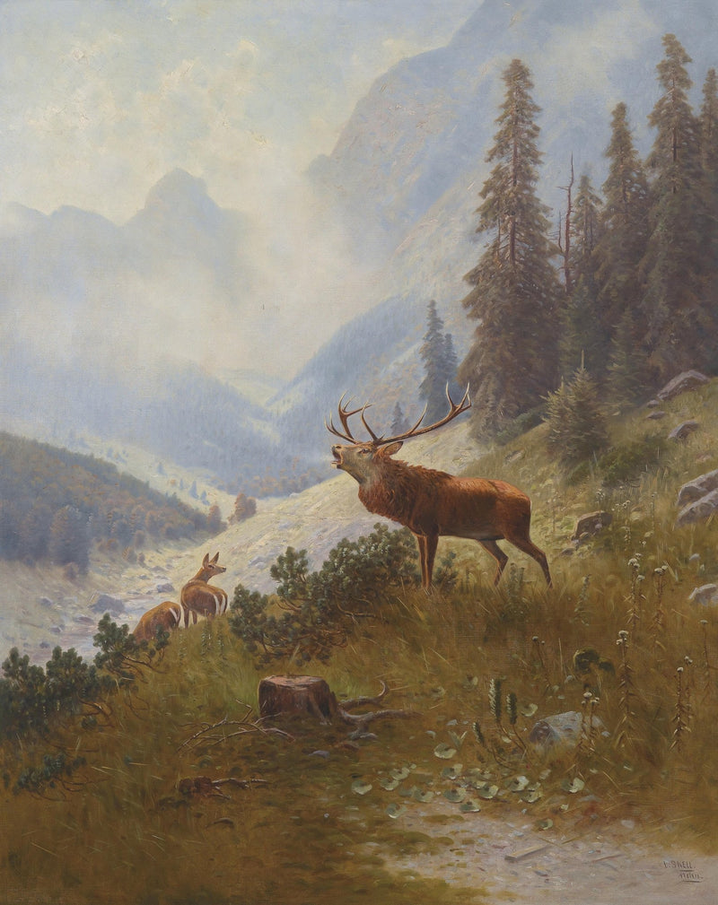 animals Oil Painting - Hand - Painted Stag in Mountain Valley - Oil Painting Haven