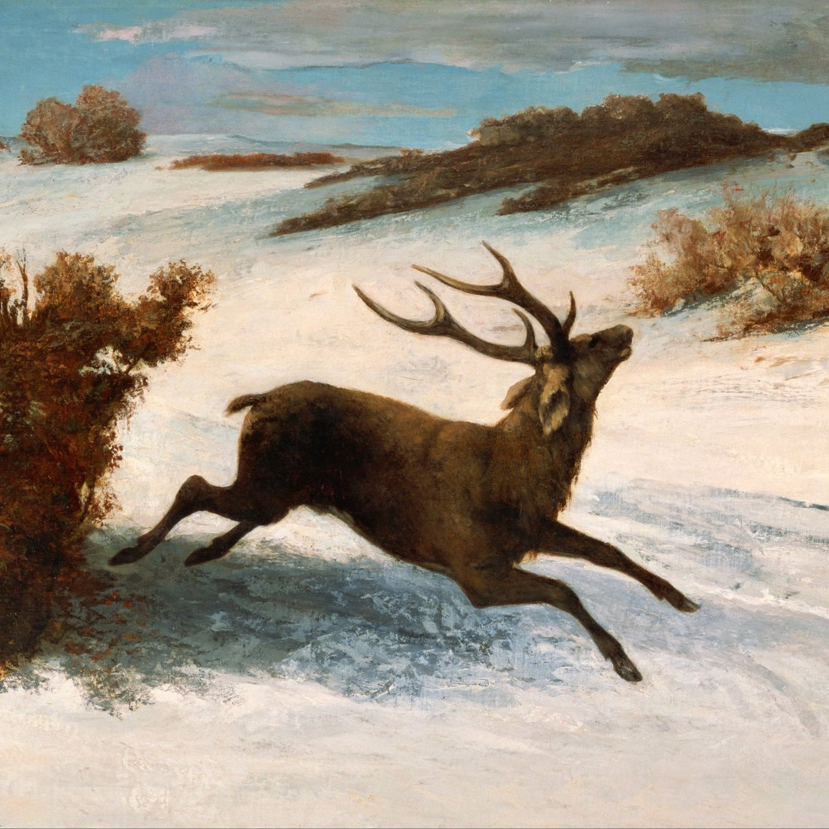 Animals Oil Painting - Hand - Painted Stag Running in Snow - Oil Painting Haven